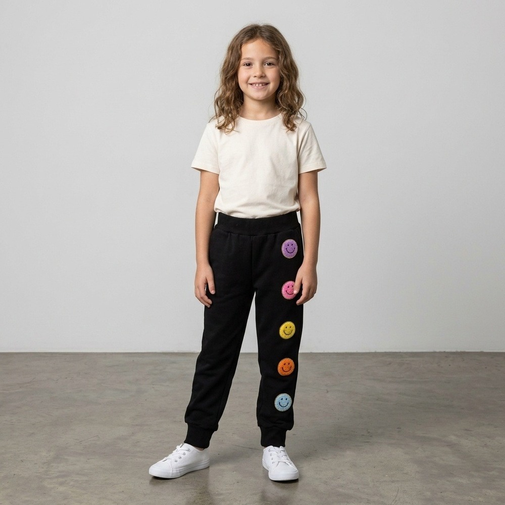 Lola The Boys Joggers Kids Size 8 Black Excellent Smiley Face Patch Sweatpants